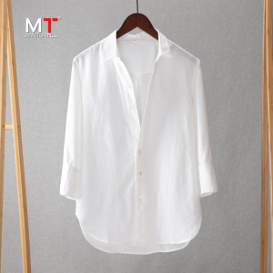 高端亚麻白色衬衫男士长袖2024新款高级感宽松棉麻七分袖衬衣男款