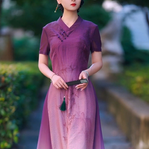 新中式连衣裙夏季新款女紫色高端复古显身材遮肚子妈妈礼服小个子