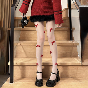 新年红色珍珠蝴蝶结丝袜子日系jk纯欲薄款连裤袜女甜美可爱打底裤