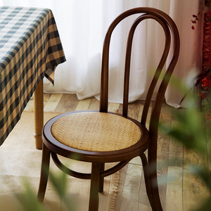 索奈特黑胡桃藤编椅子法式阳台休闲实木美式复古咖啡店餐桌椅组合