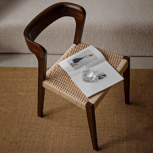 侘寂风绳编实木餐椅中复古设计靠背编织书桌椅子法式藤编化梳妆凳