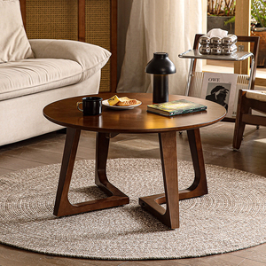 新中式黑胡桃实木茶几复古家用客厅小户型沙发侘寂风圆形边矮桌子