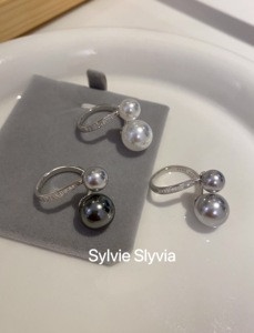 倪妮同款大小珍珠戒指纯银镶钻轻奢小众设计施家大溪地食指戒开口