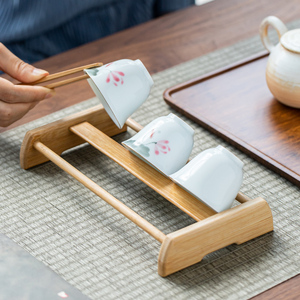 摆放茶杯的晾杯架功夫茶具收纳折叠实木沥水竹制茶道禅意茶盘配件