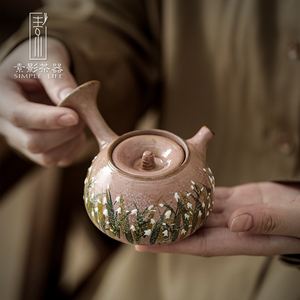 素影 手绘铃兰花陶瓷茶壶女士精致功夫茶具日式侧把壶一人用陶壶