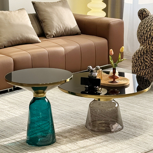 北欧现代轻奢茶几 简约风格彩色玻璃小圆桌ins网红客厅家具设计师