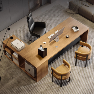 实木办公桌简约 家用书桌带侧柜总裁老板桌原木大板工作台电脑桌