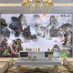 新中式山水画风景墙纸3D客厅办公室壁画电视背景墙壁纸水墨画墙布
