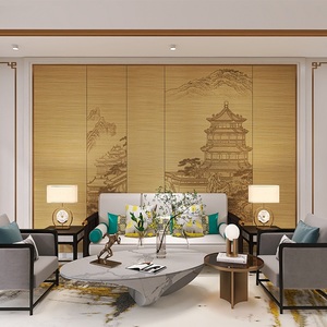 新中式建筑壁画墙纸古色工笔线条画壁布客厅茶室博古架背景墙壁纸
