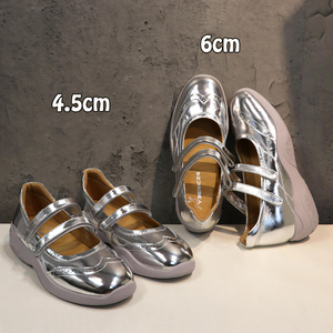 厚底银色牛皮玛丽珍鞋女6公分内增高2024夏季芭蕾鞋雕花休闲单鞋