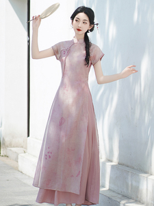 2024夏新中式民国风女装绝美旗袍改良年轻款少女气质粉色日常可穿