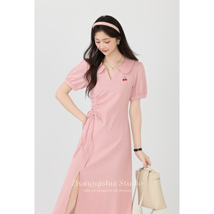 张汽水2024夏季新款粉色温柔短袖连衣裙女小众设计感a字显瘦长裙