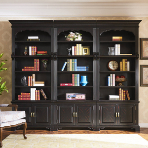 美式实木书柜书桌组合欧式书架书房储物柜组合书橱书柜黑桃色2米