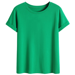 2024年新款夏季纯色短款宽松纯棉大码长袖ins绿色正肩短袖t恤女潮