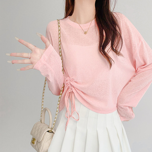 粉色冰丝长袖t恤女夏短款吊带外搭罩衫设计感抽绳褶皱上衣圆领薄