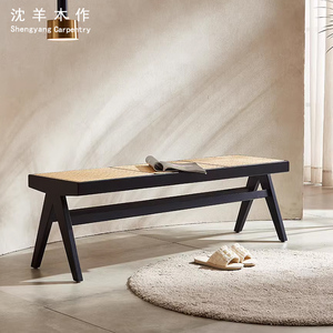 实木藤编长条凳日式家用复古卧室床尾凳北欧客厅现代简约换鞋凳子