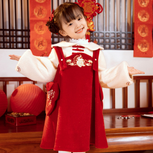【西子问】汉服女童冬儿童背带裙套装上衣新年中国风唐装礼服福满
