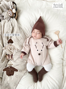 男女宝宝可爱圣诞主题服装新生婴幼儿加绒保暖包屁哈衣爬服秋冬季