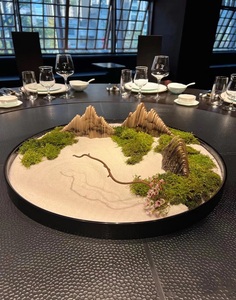 餐桌上的山水画大圆桌转盘中间摆花永生苔藓造景轻奢桌面装饰品