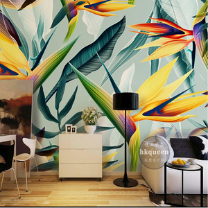 欧美热带雨林手绘植物花卉绿色背景墙纸 客厅餐厅壁纸壁画