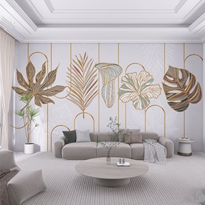 北欧轻奢金线植物墙纸欧式墙布客厅沙发背景西餐厅酒店装饰壁纸