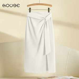 米白色开叉半身裙女夏季2024新款设计感褶皱中长款过膝一步包臀裙