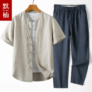亚麻衬衫男短袖夏季薄款宽松大码棉麻衬衣中国风男装套装亚麻长裤