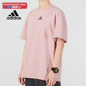 阿迪达斯短袖男2024夏季新款健身运动服粉色圆领半袖纯棉T恤潮