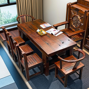 老船木餐桌茶桌椅组合长方形实木客厅桌子一体铁力木家具复古大板