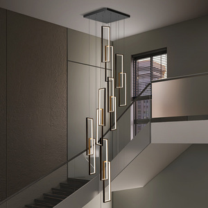 极简楼梯吊灯现代简约创意黑色方框别墅中空灯具复式楼客厅大吊灯