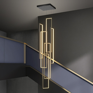 楼梯吊灯现代简约别墅复式楼中空loft旋转楼梯间极简超长方框灯具