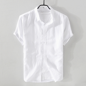 迪比娅夏季薄款棉麻小领短袖衬衫青年男装白色圆领亚麻半袖衬衣Y