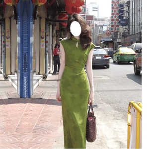 170新中式国风高个子改良旗袍加长版连衣裙到脚踝超长款夏气质裙