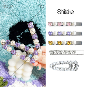 Shiitake 珍珠爱心钻一字夹黄色紫色粉色可爱甜美发夹设计师品牌