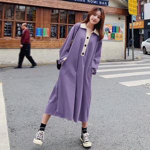 紫色长袖连衣裙女春秋2024新款慵懒风修身显瘦中长款减龄卫衣裙子