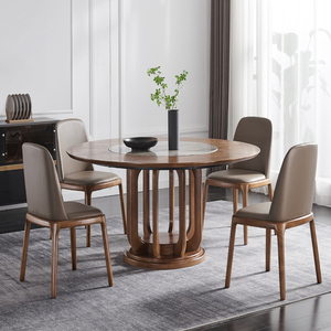 纯实木圆形餐桌白腊木饭桌家用简约内嵌式岩板转盘多人大圆桌椅子