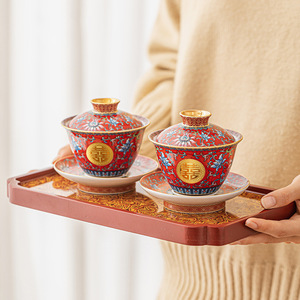 结婚复古新款上市改口敬茶杯一对陶瓷红色珐琅彩陪嫁中式泡茶盖碗