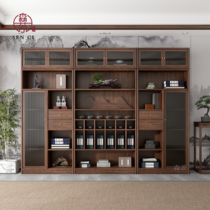 新中式实木书柜组合黑胡桃木博古架办公室文件柜展示柜茶室茶叶架
