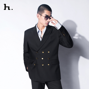 原创设计黑色羊毛修身男士西装外套春秋韩式高级感三排扣西服礼服