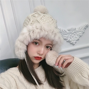 韩版兔毛球毛线帽子女秋冬季雷锋帽保暖护耳针织帽两挂球东北加绒