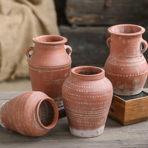 复古红陶花瓶摆件手工制作雕刻陶瓷花器客厅复古乡村粗陶土陶罐子