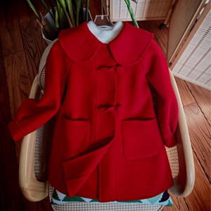 女童双面纯羊毛大衣毛呢2024新款早春红色洋气时髦儿童羊毛外套