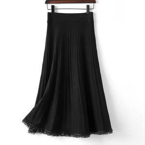 2023年秋冬新款大码弹力针织半身裙女显瘦黑色长款A字花边毛线裙