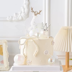 网红女神生日蛋糕装饰水晶麋鹿小鹿摆件圣诞节迷你皇冠珍珠链插件
