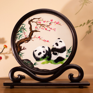 刺绣摆件手工双面苏绣摆台中国风工艺品小摆件新中式桌面熊猫礼品