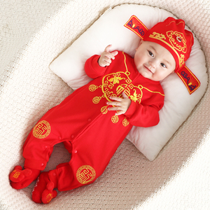 婴儿连体衣春秋季纯棉红色刺绣长袖婴儿衣服宝宝满月百日周岁礼服