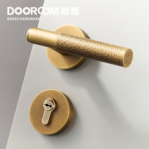 道鲁全铜锤纹室内木门家用通用型静音磁吸复古法式金色黄古铜门锁