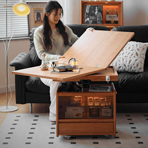 实木升降茶几可折叠移动茶桌小户型沙发边几餐桌两用樱桃木黄杨木