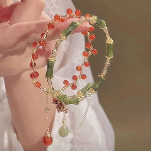 绿竹节手链新中式国风复古气质小众设计珠子手串枫叶手镯女高级感