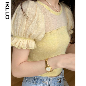 黄色泡泡袖冰丝针织短袖t恤女夏季别致甜辣很仙的独特超好看上衣